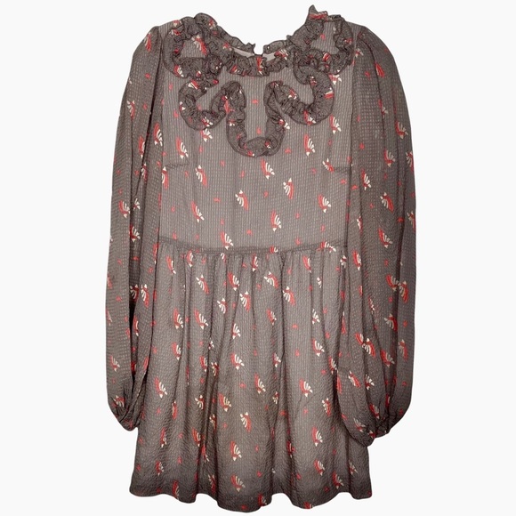 Free People Dresses & Skirts - FREE PEOPLE Gray Pink Sheer Floral Longsleeve Mini Dress Size 2